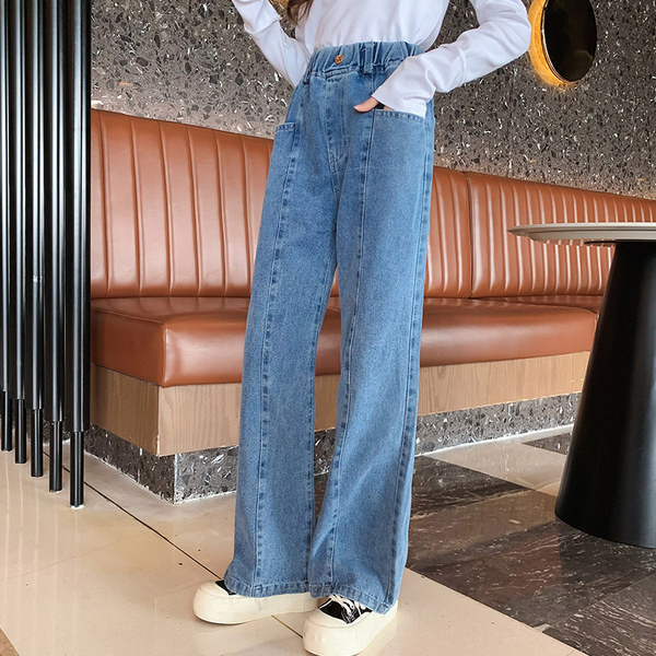 Mergaičių spyruokliniai džinsai aukštu liemeniu plačiomis kojomis