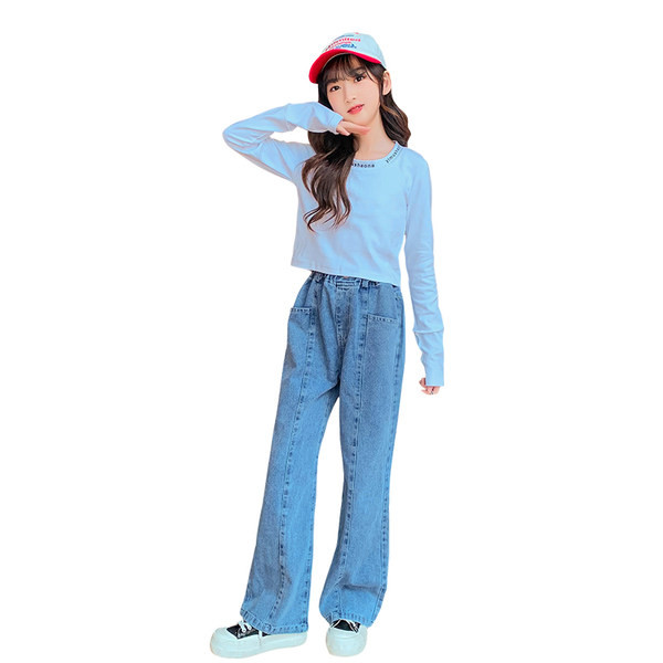 Mergaičių spyruokliniai džinsai aukštu liemeniu plačiomis kojomis