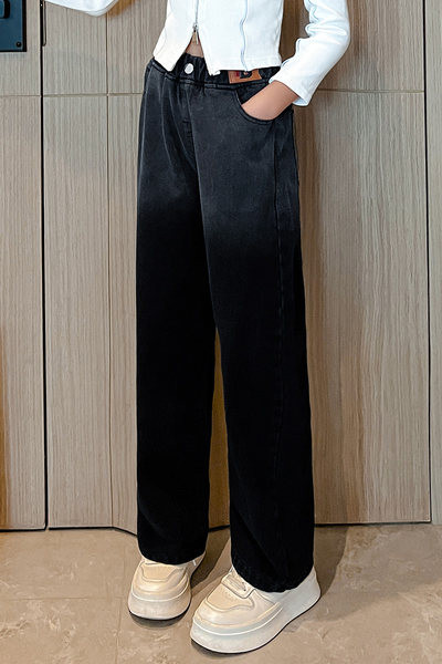 Pavasariniai-rudeniniai džinsai aukštu liemeniu mergaitei su kišene