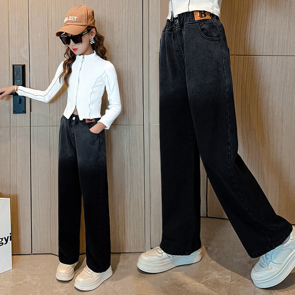 Pavasariniai-rudeniniai džinsai aukštu liemeniu mergaitei su kišene