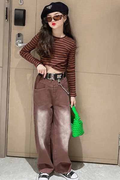 Alkalmi női barna színű széles lábszárú farmernadrág lányoknak