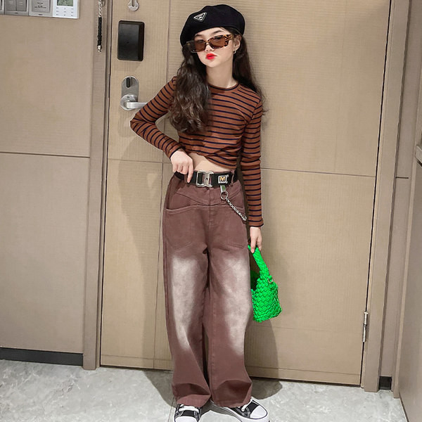 Alkalmi női barna színű széles lábszárú farmernadrág lányoknak