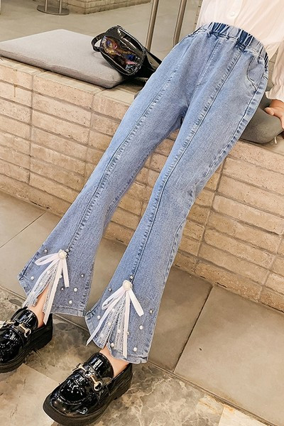 Blugi din perle și dantelă cu picioare largi pentru fete