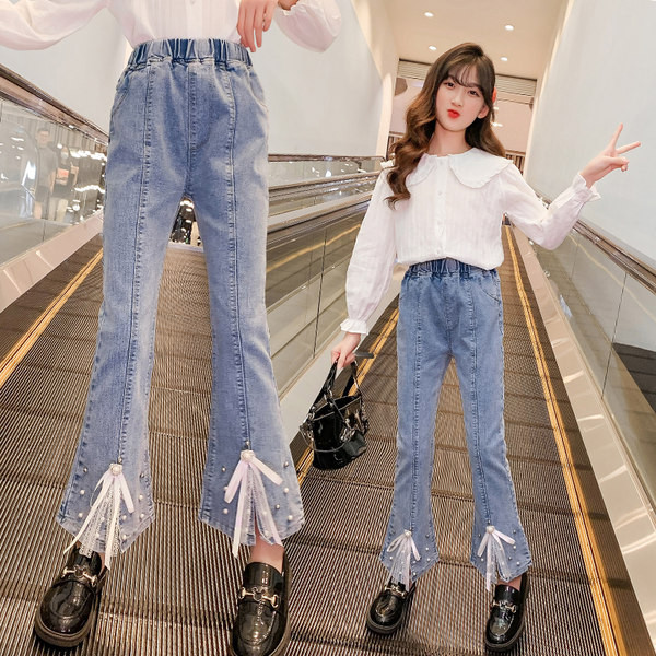 Blugi din perle și dantelă cu picioare largi pentru fete