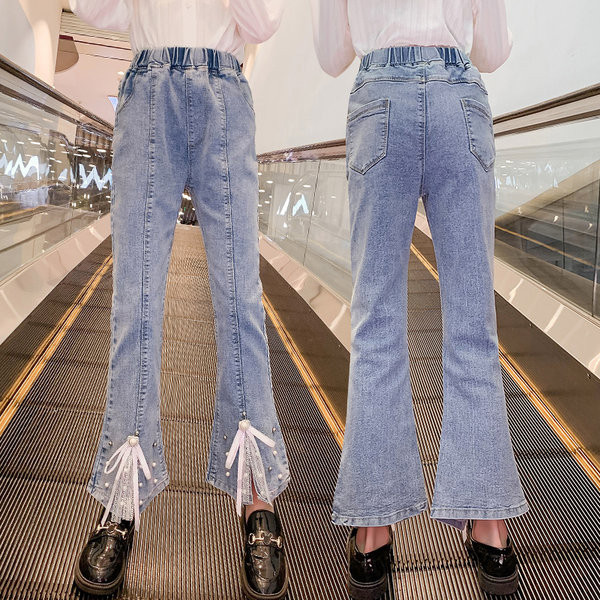 Blugi din perle și dantelă cu picioare largi pentru fete