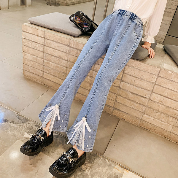 Blugi din perle și dantelă cu picioare largi pentru fete