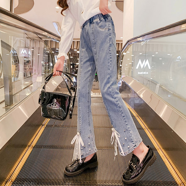 Blugi din perle și dantelă cu picioare largi pentru fete