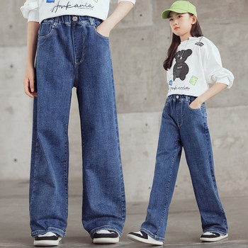 Детски дънки за момичета широк модел с висока талия и джоб 