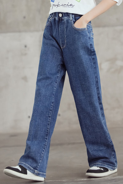 Blugi de copii pentru fete, model larg cu talie inalta si buzunar