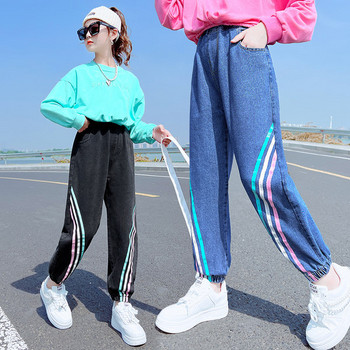 Нов модел дънков панталон за момичета с цветни ленти и ластик на крачолите 