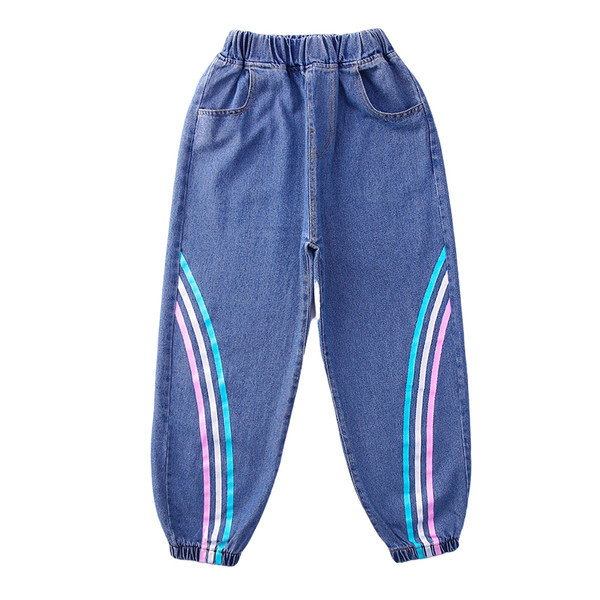 Új modell farmernadrág lányoknak színes szalaggal és gumival a szárán