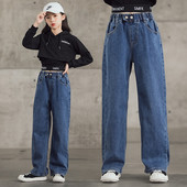 Széles szárú farmer lányoknak zsebbel és gombos rögzítéssel