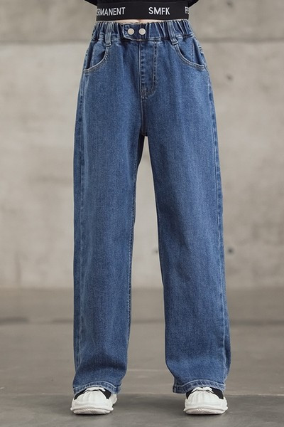 Széles szárú farmer lányoknak zsebbel és gombos rögzítéssel