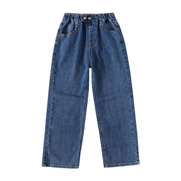 Széles szárú farmer lányoknak zsebbel és gombos rögzítéssel