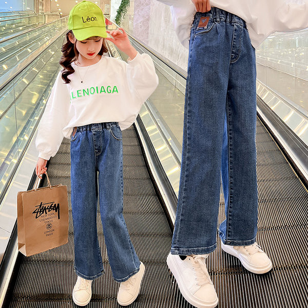 Vaikiški džinsai mergaitėms su plačiomis kojomis aukštu juosmeniu