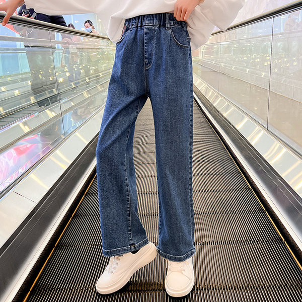 Vaikiški džinsai mergaitėms su plačiomis kojomis aukštu juosmeniu