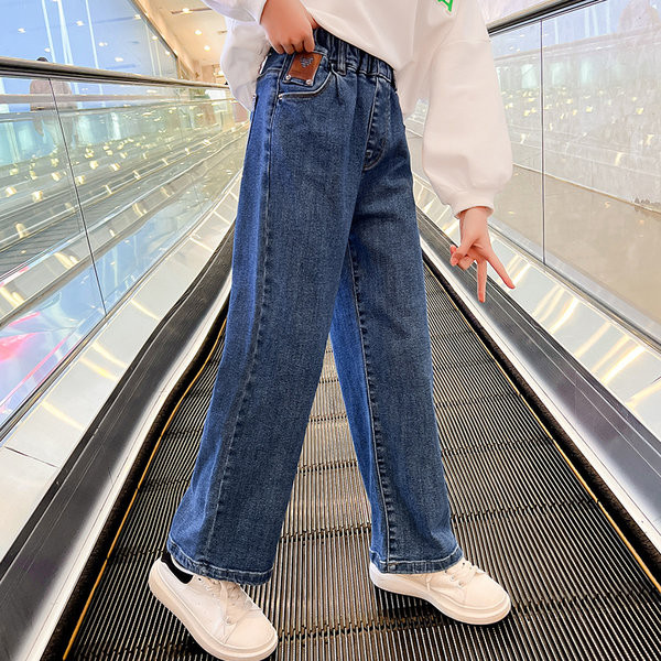 Vaikiški džinsai mergaitėms su plačiomis kojomis aukštu juosmeniu