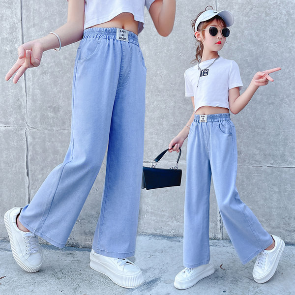 Kišeniniai džinsai mergaitėms plačiomis kojomis aukštu juosmeniu