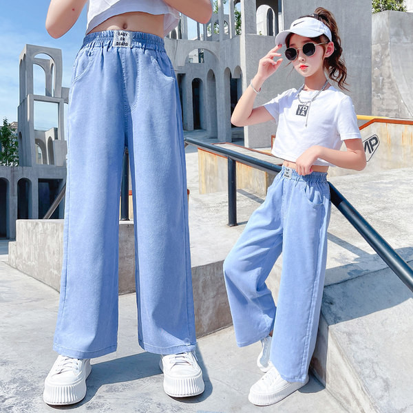 Kišeniniai džinsai mergaitėms plačiomis kojomis aukštu juosmeniu