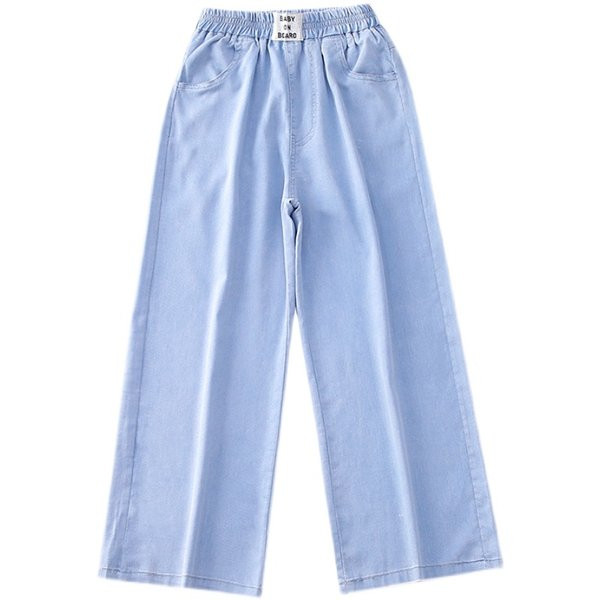 Kišeniniai džinsai mergaitėms plačiomis kojomis aukštu juosmeniu