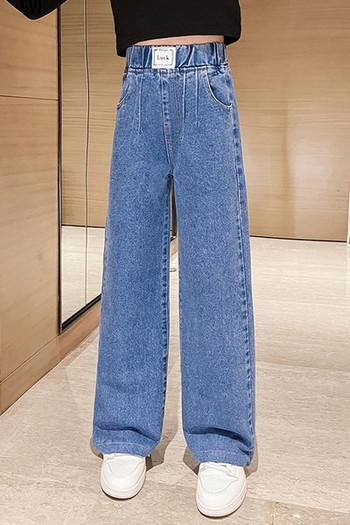 Широк модел дънки за момичета с ластична талия емблема и джоб