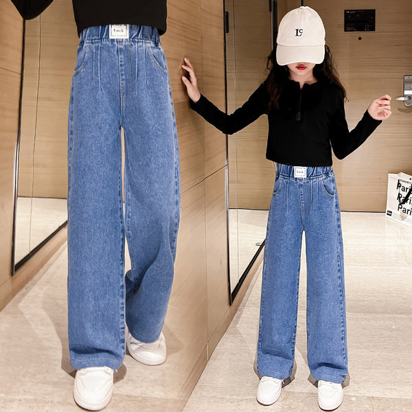 Blugi pentru fete cu picior largi, cu sigla elastică în talie și buzunar