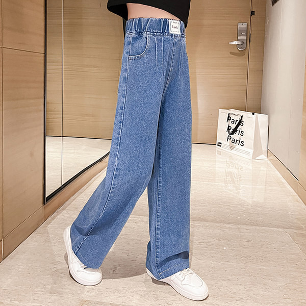 Blugi pentru fete cu picior largi, cu sigla elastică în talie și buzunar