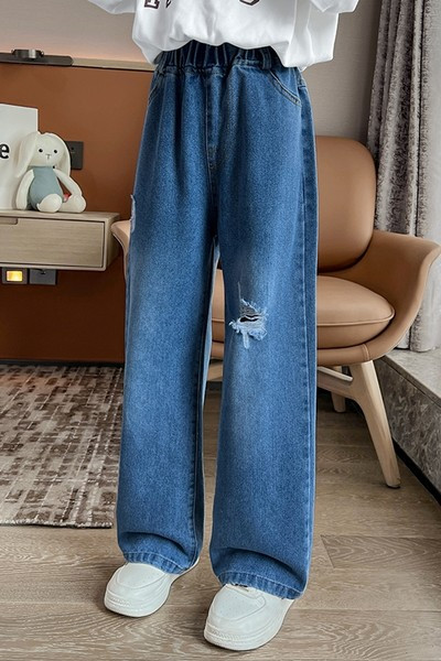 Vaikiški džinsai mergaitėms su plėšytu elementu ir tamprėmis