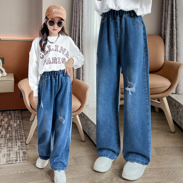 Vaikiški džinsai mergaitėms su plėšytu elementu ir tamprėmis