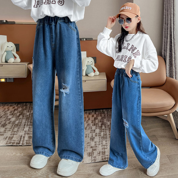 Vaikiški džinsai mergaitėms su plėšytu elementu ir tamprėmis