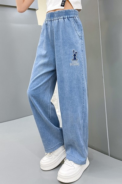 Blugi cu talie inalta cu broderie pentru fete