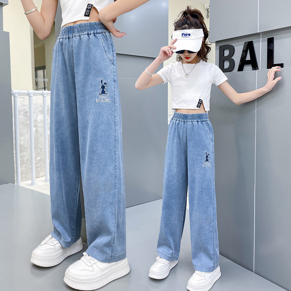 Blugi cu talie inalta cu broderie pentru fete