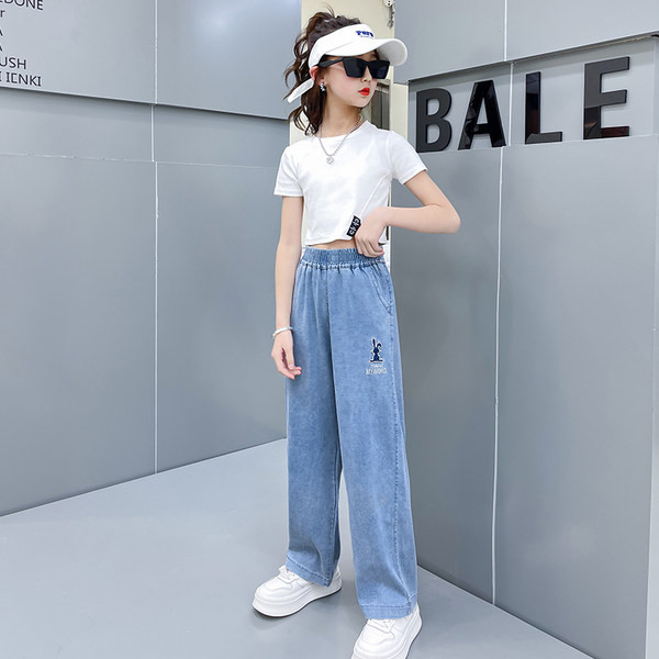 Blugi cu talie inalta cu broderie pentru fete