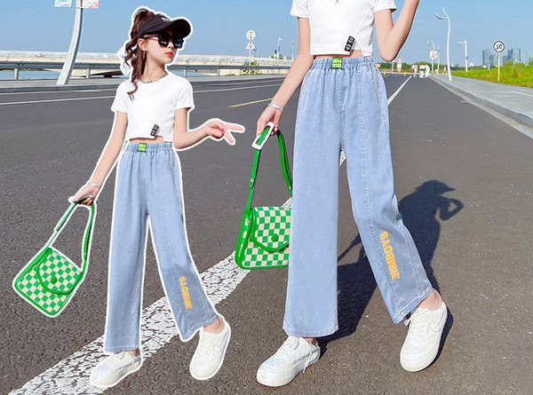 Gyermek széles szárú farmer mintás lányoknak