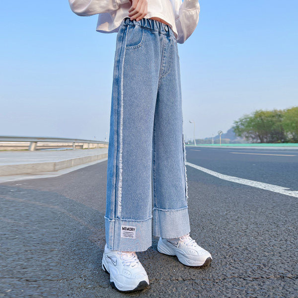 Széles mintás gyerekfarmer lányoknak gumival