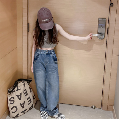 Blugi copii model nou cu talie inalta de culoare albastra pentru fete