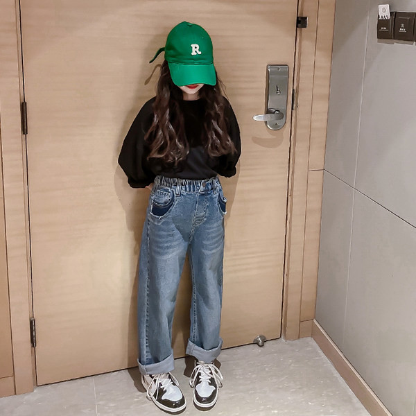 Blugi copii model nou cu talie inalta de culoare albastra pentru fete