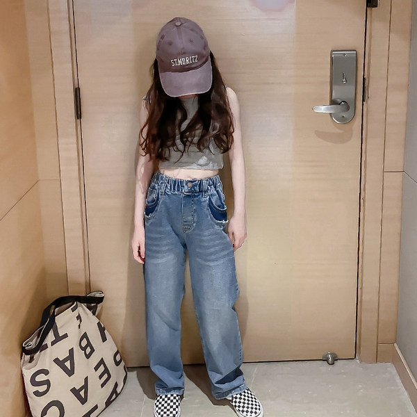 Blugi copii model nou cu talie inalta de culoare albastra pentru fete