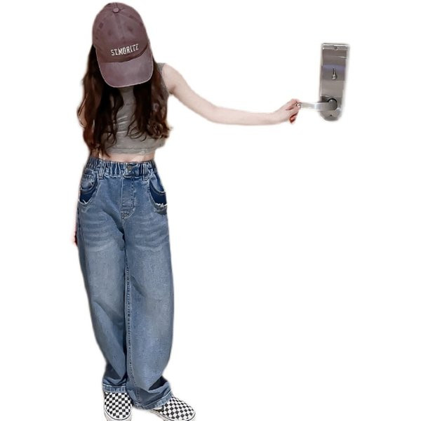 Blugi copii model nou cu talie inalta de culoare albastra pentru fete