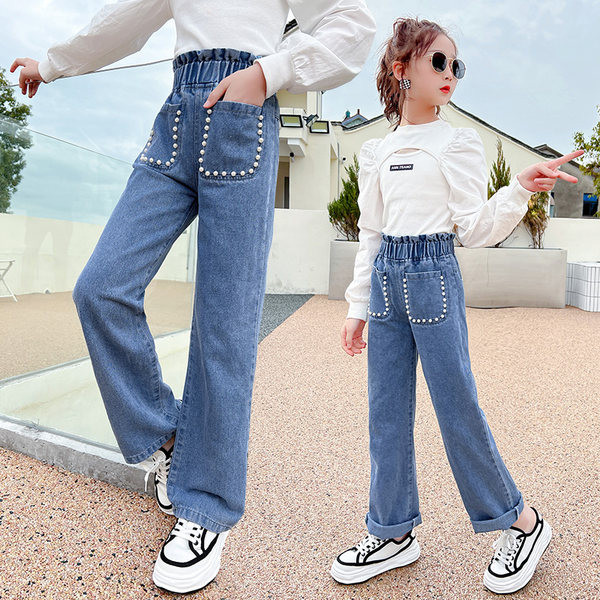 Elasztikus gyerekfarmer zsebbel és gyöngyökkel lányoknak