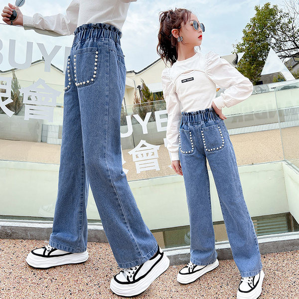 Elasztikus gyerekfarmer zsebbel és gyöngyökkel lányoknak