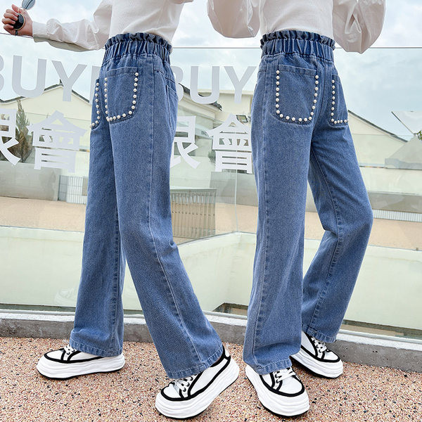 Elasztikus gyerekfarmer zsebbel és gyöngyökkel lányoknak