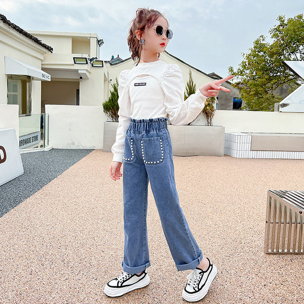 Elasztikus gyerekfarmer zsebbel és gyöngyökkel lányoknak