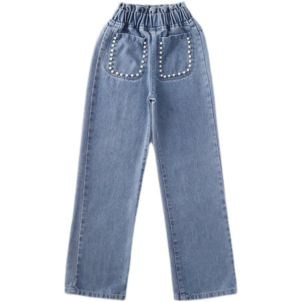 Elasztikus gyerekfarmer zsebbel és gyöngyökkel lányoknak