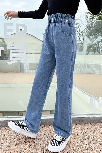 Madingi džinsai aukštu juosmeniu ir sagomis