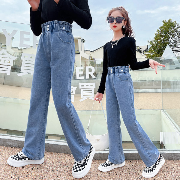 Madingi džinsai aukštu juosmeniu ir sagomis