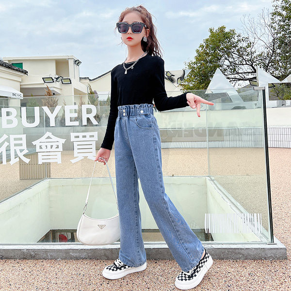 Madingi džinsai aukštu juosmeniu ir sagomis