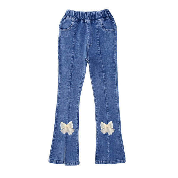 Blugi cu panglica si crapatura pe picior pentru fete