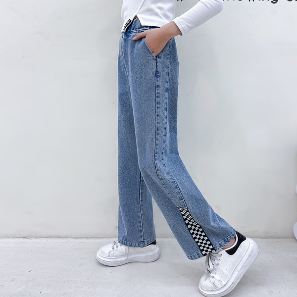 Vaikiški džinsai aukštu juosmeniu ir kišenėmis