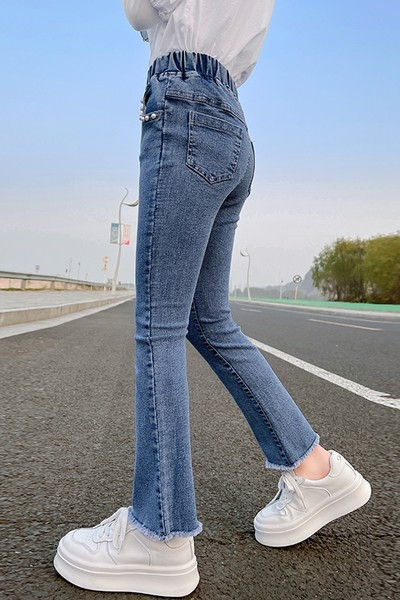 Blugi skinny pentru copii cu buzunar si perle pentru fete